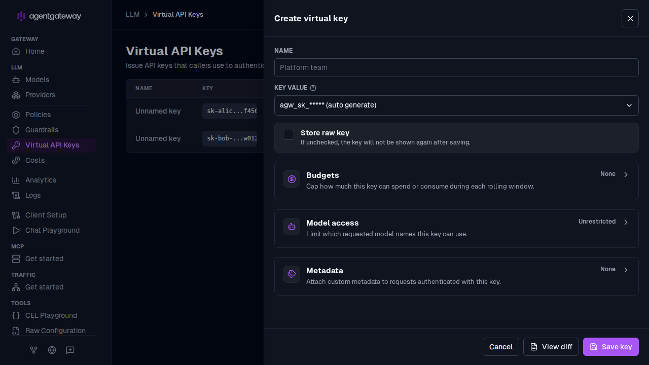 Create virtual key drawer with name, auto-generated key value, and metadata